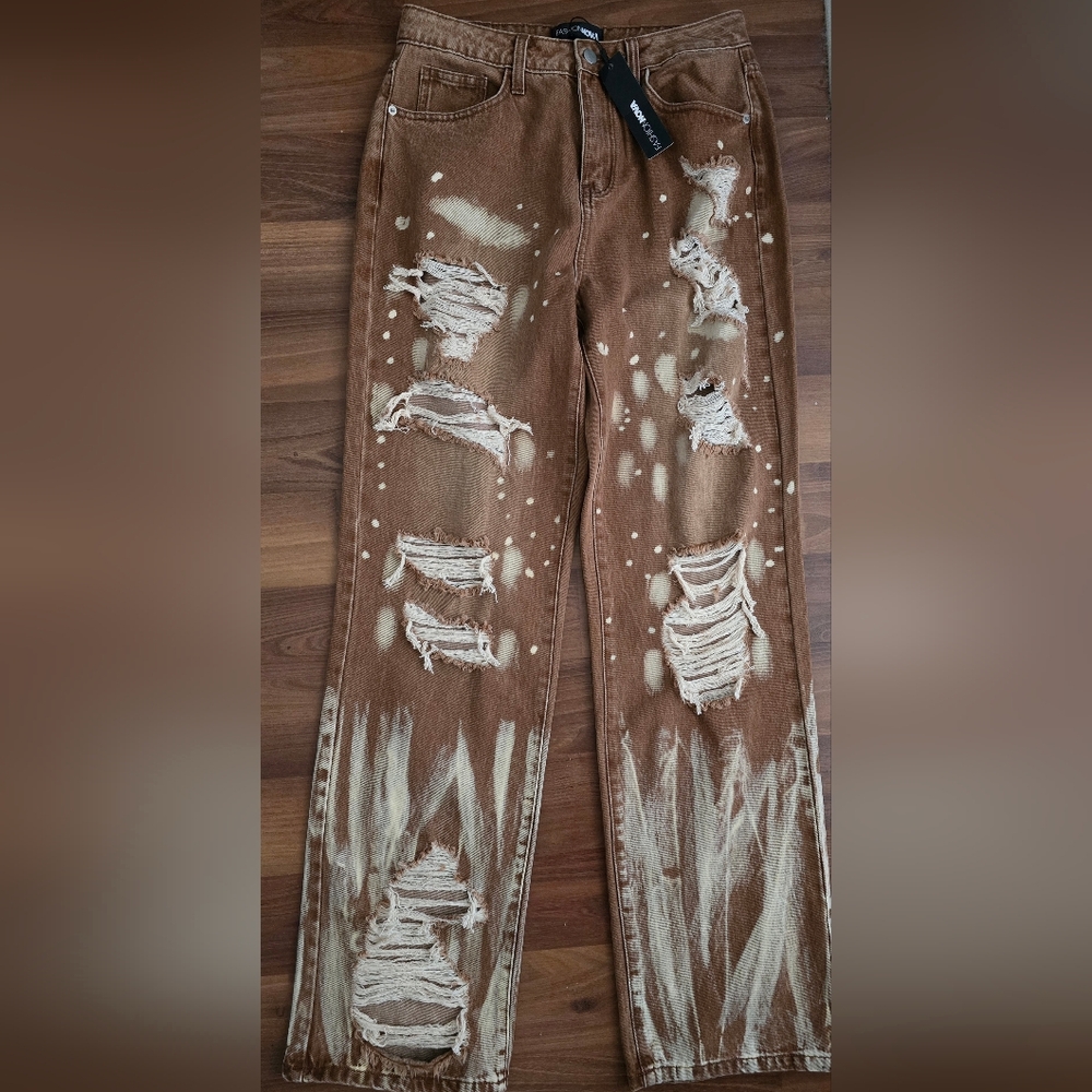 Fashion Nova Brown Distressed High Rise Jeans